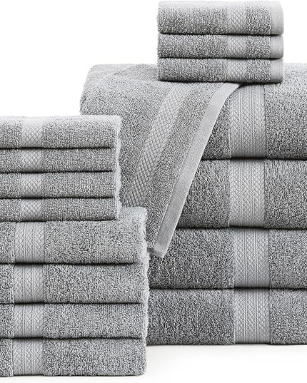 LANE LINEN 100% Cotton Luxury Bathroom Towel Set - 16 Pcs - Ring Spun, Quick Dry, Super Soft & Highly Absorbent - 4 Bath, 8 Washcloths, 4 Hand Towels - Pre Shrunk, Can be Used in Salon - Space Grey