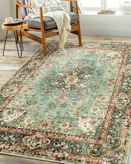 Green Rug 3x5,Washable Area Rugs for Bedroom Living Room Kitchen Entryway,Small Boho Vintage Bohemian Distressed Oriental Non Slip Carpet