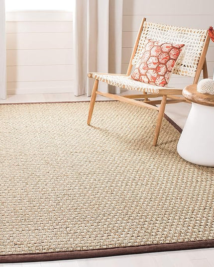 SAFAVIEH Area Rug 6' Square - Natural Fiber Collection - Natural & Dark Brown, Seagrass, Basketweave Pattern with Border (NF114K)