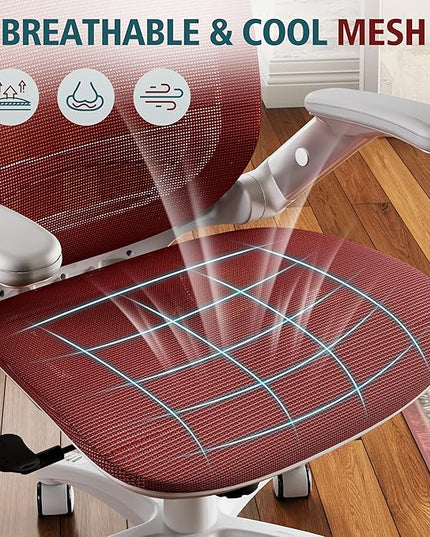 GABRYLLY Ergonomic Office Chair, High Back Home Desk Chair with Headrest, Flip-Up Arms, 90-120° Tilt Lock and Wide Cushion, 400LBS Mesh Chairs for Man Woman, White Task Chair(Red,GY01WR)