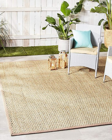 SAFAVIEH Area Rug 9x12 - Natural Fiber Collection - Large - Natural & Grey, Seagrass, Basketweave Pattern with Border (NF114P)