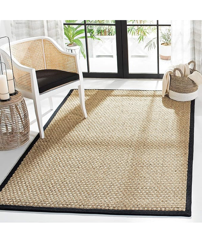 SAFAVIEH Area Rug 4x6 - Natural Fiber Collection - Natural & Black, Seagrass, Basketweave Pattern with Border (NF114C)