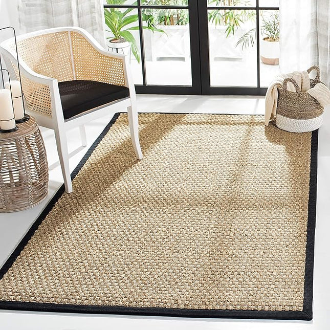 SAFAVIEH Area Rug 6x9 - Natural Fiber Collection - Natural & Black, Seagrass, Basketweave Pattern with Border (NF114C)