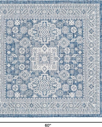 Rugs.com Outdoor Aztec Collection Rug – 5 Ft Square Blue Flatweave Rug Perfect for Living Rooms, Kitchens, Entryways