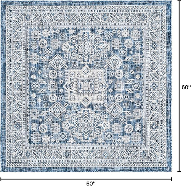 Rugs.com Outdoor Aztec Collection Rug – 5 Ft Square Blue Flatweave Rug Perfect for Living Rooms, Kitchens, Entryways