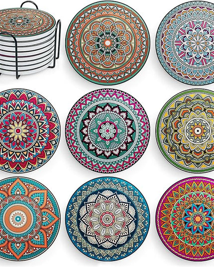 Mandala Drink Coasters with Holder - 8 Set Ceramic Boho Coaster for Drinks Absorbent with Cork Base and Black Holder - Coasters for Coffee Table Apartment Wooden Bar Mugs Glasses Cup Beer