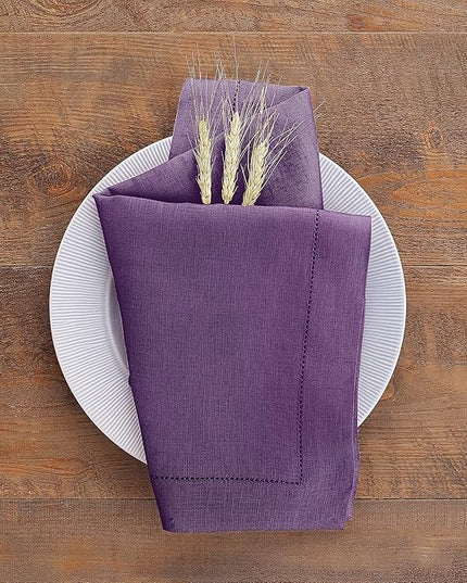 Solino Home Purple Linen Napkins Set of 4-100% Pure Linen Hemstitch Dinner Napkins 20 x 20 Inch for Winter, Holiday, Christmas, New Year - Classic Hemstitch