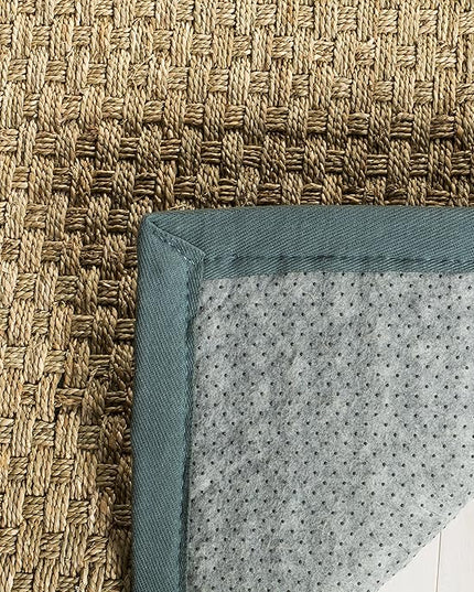 SAFAVIEH Area Rug 6' Square - Natural Fiber Collection - Natural & Light Blue, Seagrass, Basketweave Pattern with Border (NF114M)