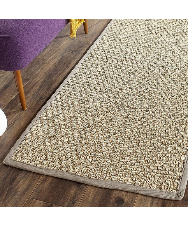 SAFAVIEH Natural Fiber Collection Runner Rug - 2'6" x 22', Natural & Grey, Seagrass, Basketweave Pattern with Border (NF114P)